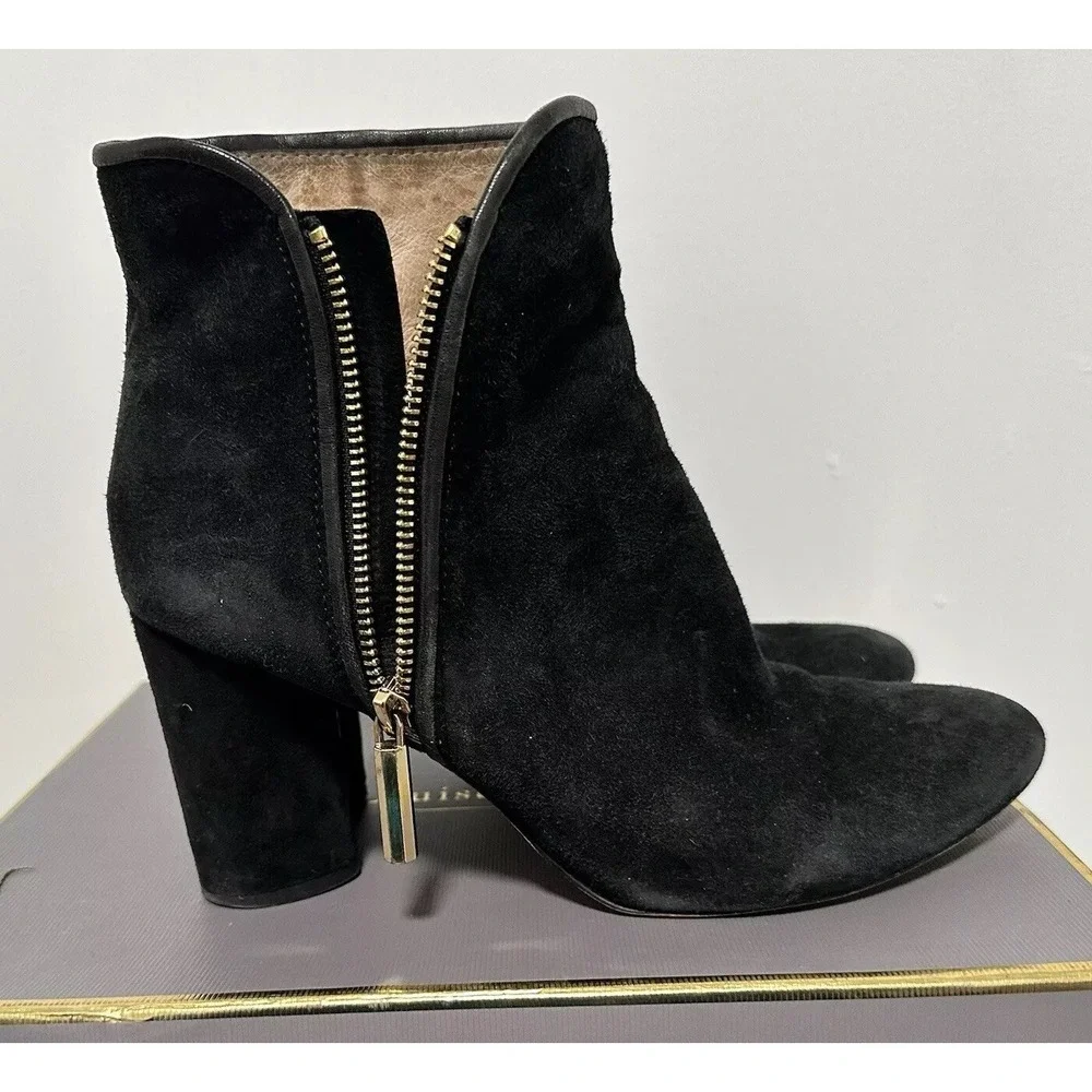 Louise et Cie‎ Boot Womens 10M Black Suede Sheep Trim Zip Ankle Heel Boots